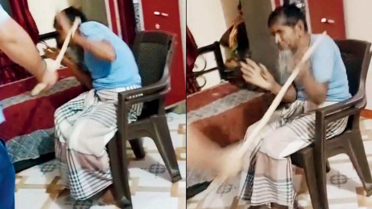 Grabs from a video shows the man beating up his cook, Abdul Sheikh