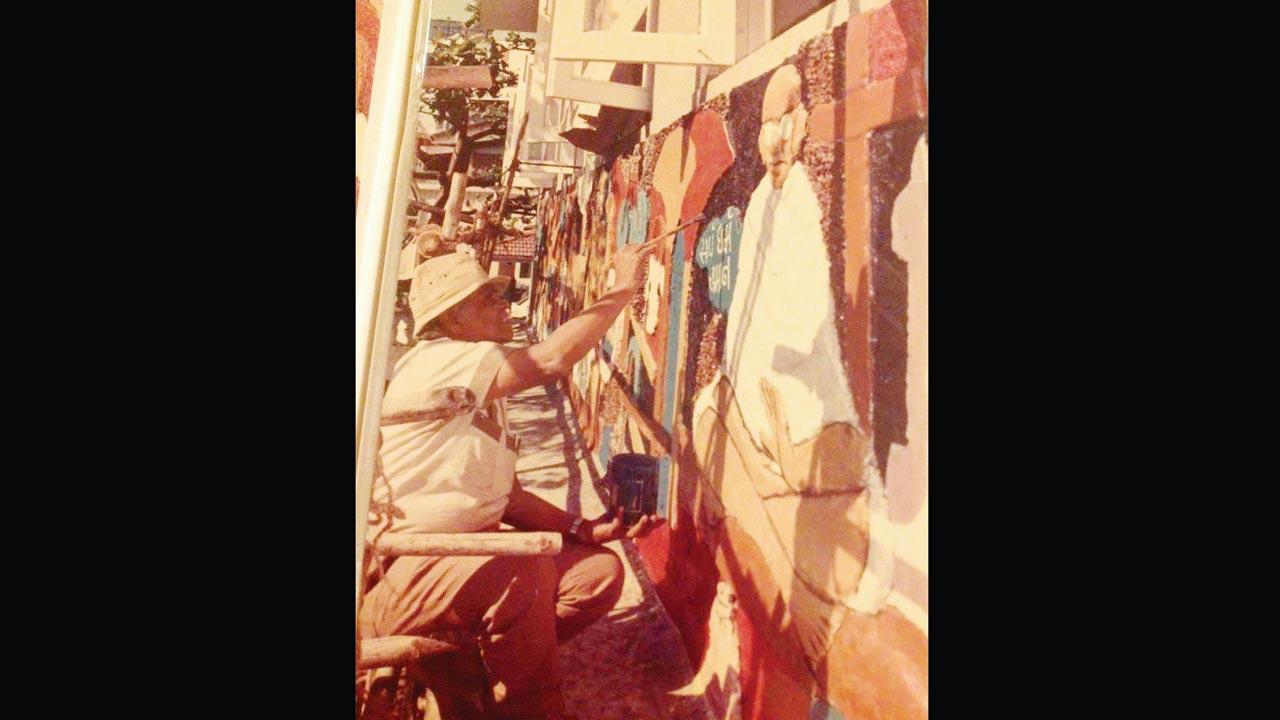 Art teacher Dinesh Shah working on the facade mural in 1969. Pic Courtesy/Paula Mariwala