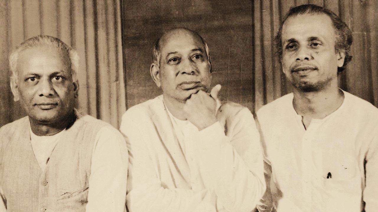 Teacher Somnath Patel, founder principal Maganbhai (MT) Vyas and music head Pinakin Trivedi from Shantiniketan. Pics Courtesy/The New Era Odyssey