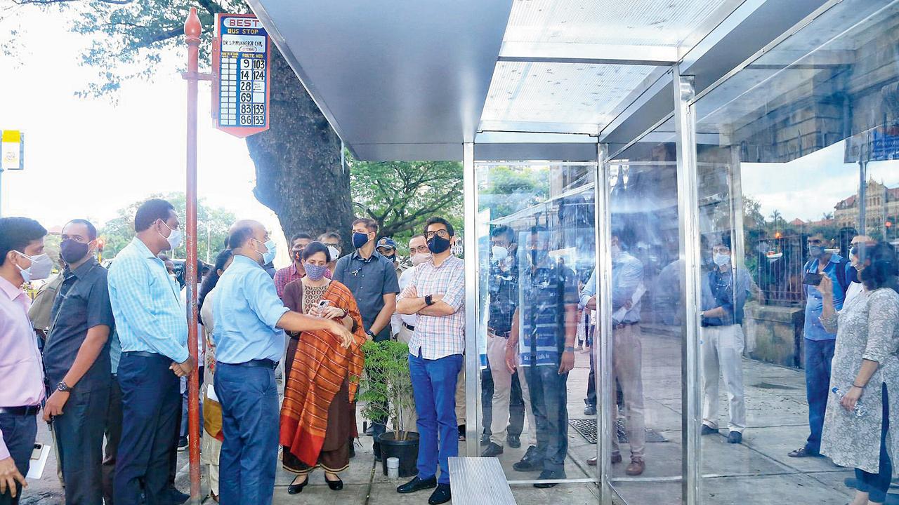 Mumbai Suburban Guardian Minister Aaditya Thackeray at the new bus stop installed at SP Mukherjee Chowk