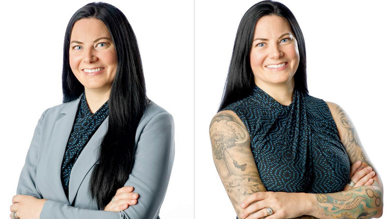 Jessica Hanzie Leonard used to keep her tattoed arms covered before posting the photo on the right on Linkedin