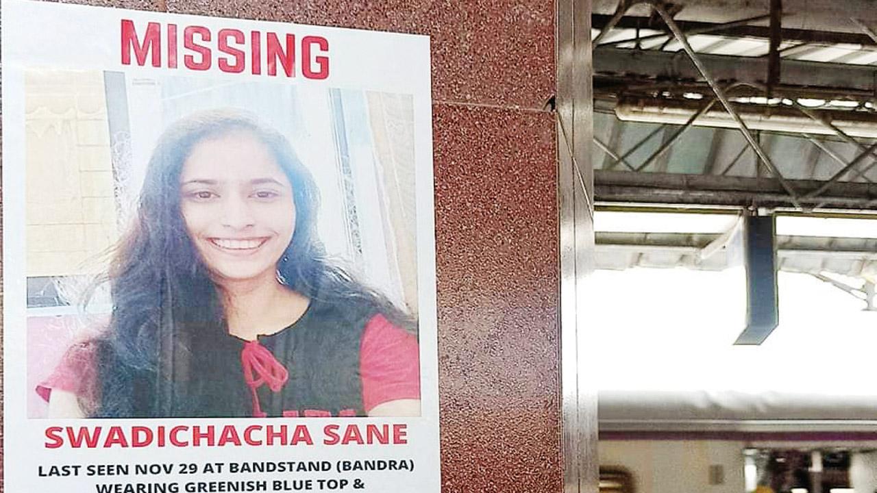 Missing posters of 22-year-old MBBS student Swadichcha Sane are put up at various railway stations
