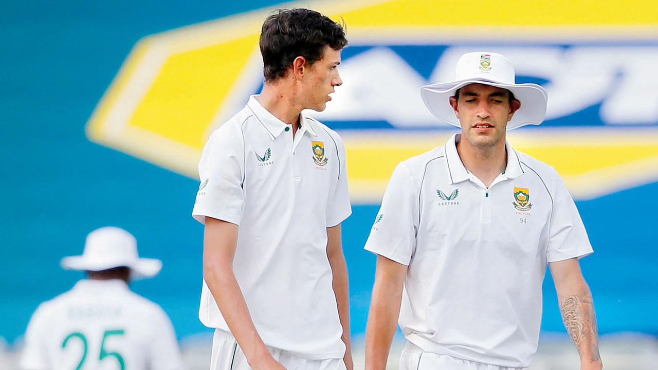 South Africa’s Marco Jansen (left) with teammate Duanne Olivier during the first day of the second Test in Johannesburg. Pic/AFP