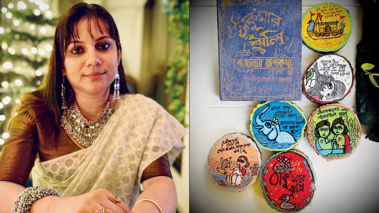 Trina Mukherjee; (right) Thakurmar Jhuli-themed coasters by Bag of Bong