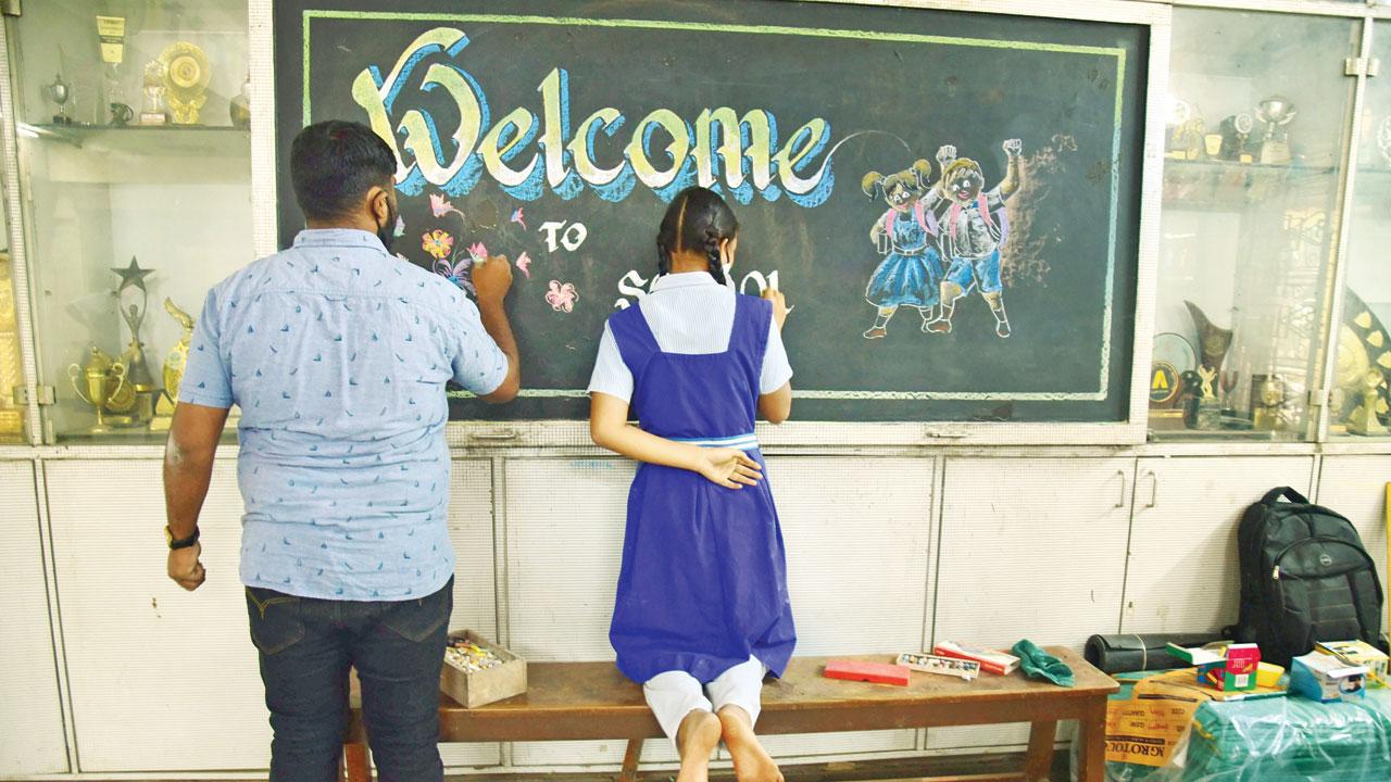 Students attend a morning class at D S High School in Sion, on December 15, when schools had reopened for Stds I to VII after a 20-month shutdown. Pic/Atul Kamble