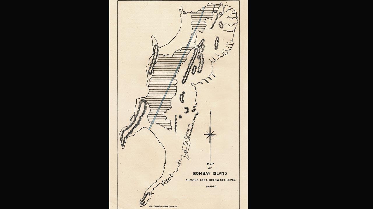Image Courtesy/Urbs Indis Library and Fauwaz Khan (overlay). Sowerby’s proposed canal is shown in blue