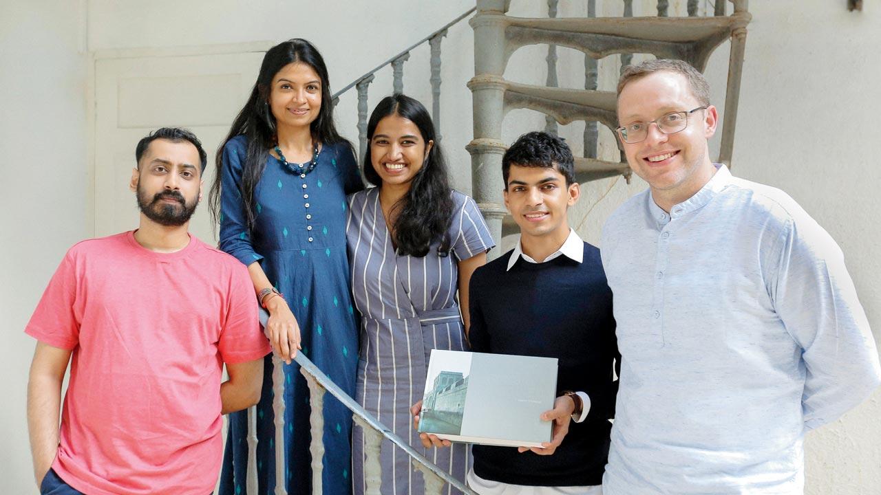 The Bombay Imagined team. (From left) Aniket Umaria (speculation art), Deshna Mehta and Carol Nair of Studio Anugraha (book design), Fauwaz Khan (project management and overlays) and Robert Stephens (research and writing). Pic/Tina Nandi