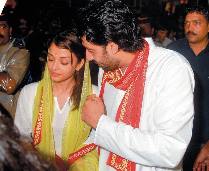 Aishwarya Rai Bachchan with hubby Abhishek Bachchan at a puja
