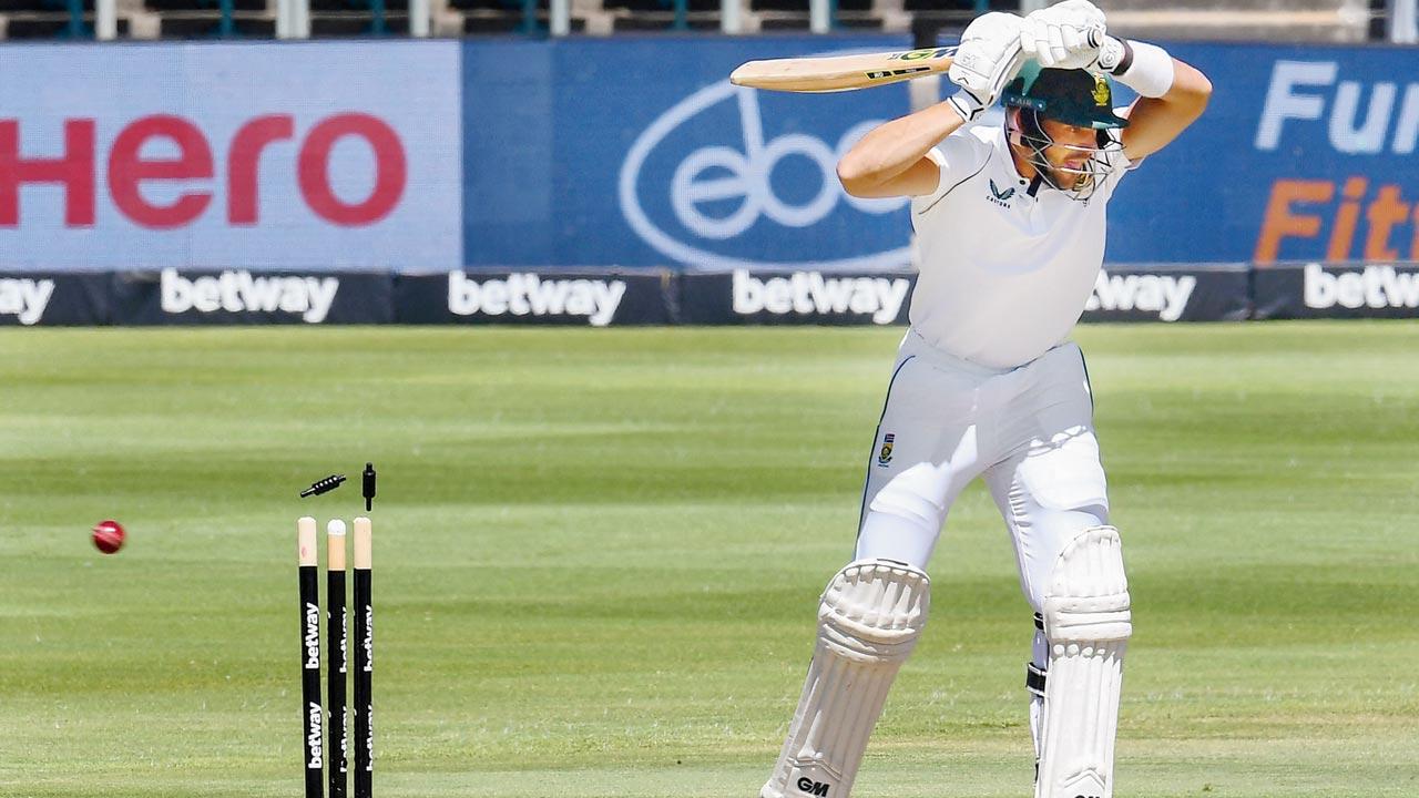 SA opener Aiden Markram is cleaned up by Jasprit Bumrah on the second day of the third Test at Newlands yesterday. Pic/AFP