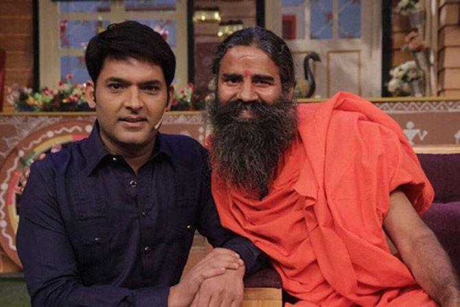Kapil Sharma poses with Baba Ramdev on the sets of his TV show. He captioned the picture, 'Masti with #Babaramdev on #TKSS #SonyTV keep laughing.. n stay happy .. love u all :) [Sic]'