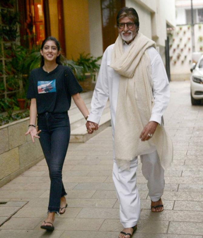 Megastar Amitabh Bachchan walks along with granddaughter Navya Naveli Nanda, daughter of Shweta Bachchan Nanda.