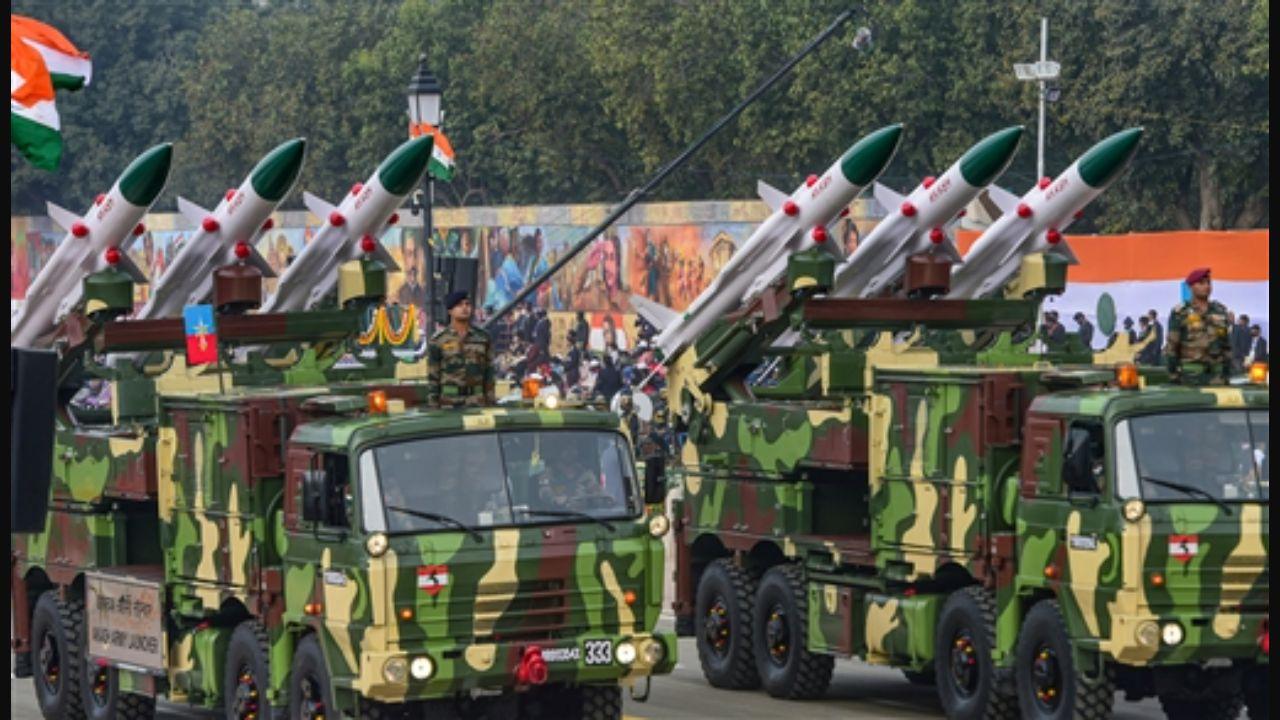 Indian Armed Forces' 'Akash' missile system on display during the Republic Day Parade 2022, at Rajpath. Pic/PTI