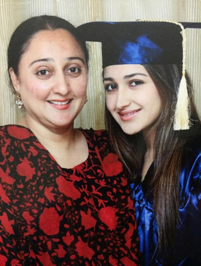 Sayyeshaa has acted in Hindi, Telugu and Tamil films. She was first seen on the big screen in Telugu film 'Akhil' in 2015. Pictured: Sayyeshaa with mother Shaheen Banu at her graduation ceremony
