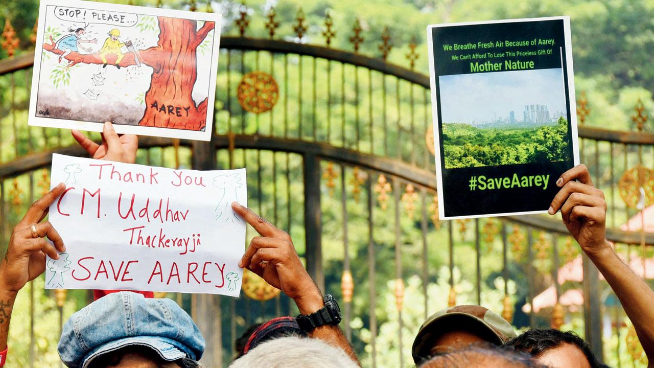 People hold up banners celebrating govt decision to scrap Metro car depot at Aarey, at Goregaon on December 1, 2019. Pic/Satej Shinde