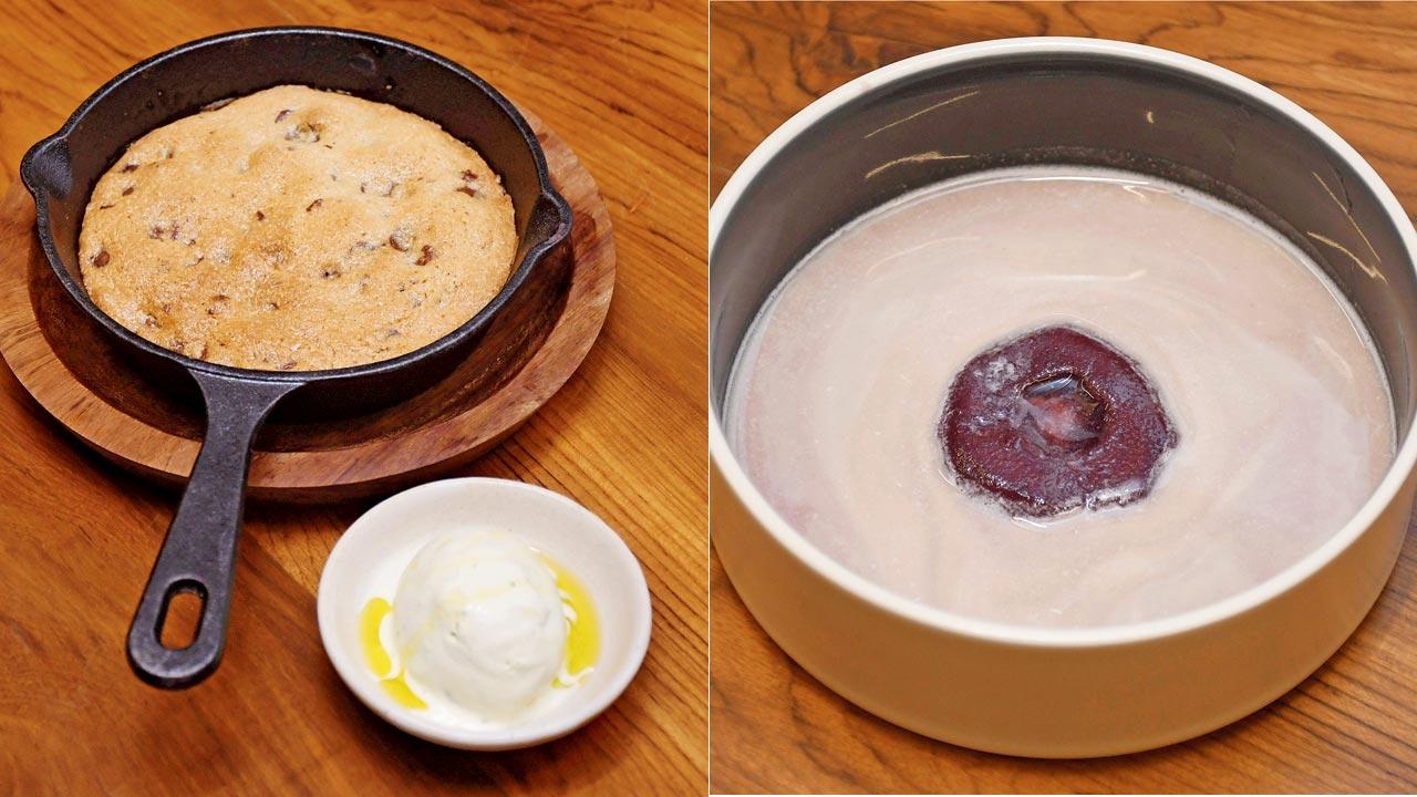 Chocolate chip cookie with  vanilla-basil ice-cream; (right) Poached pear