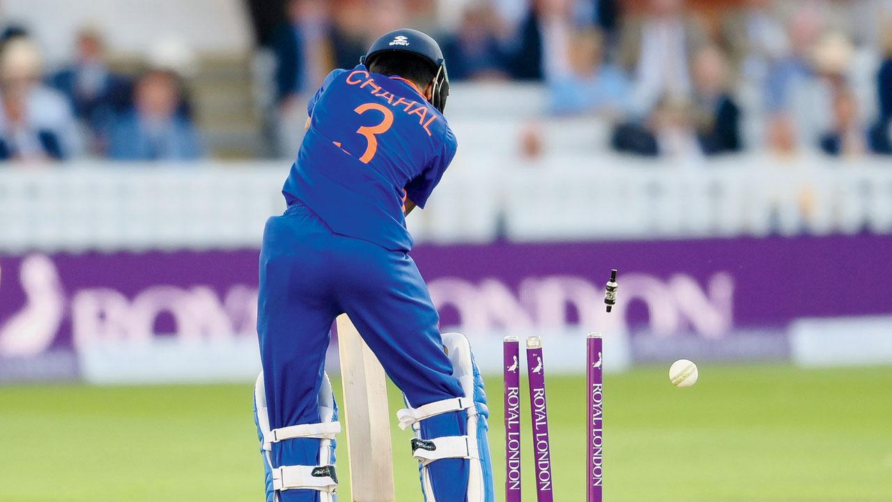 India’s Yuzvendra Chahal is bowled by Reece Topley of England during the second ODI at Lord’s Cricket Ground last Thursday. PIC/GETTY IMAGES