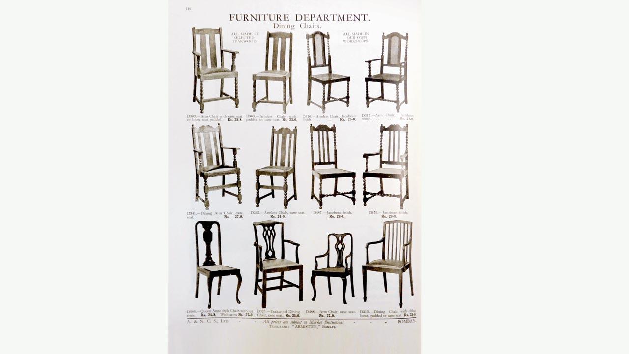Army and Navy Stores, one of Bombay's largest department stores in the late colonial period, offered customers dining chairs in a range of styles.  This page from the 1933 catalog illustrated some of the choices (Queen Anne, Jacobean, etc), seating materials (cane, added, loose cushions), and the option to add arms.  Pics Courtesy/From The Frugal To The Ornate