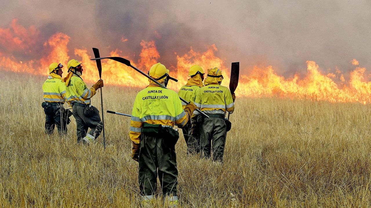 Firefighters look at a fire in the village of Tabara, near Zamora, northwest Spain Monday. Pic/AFP