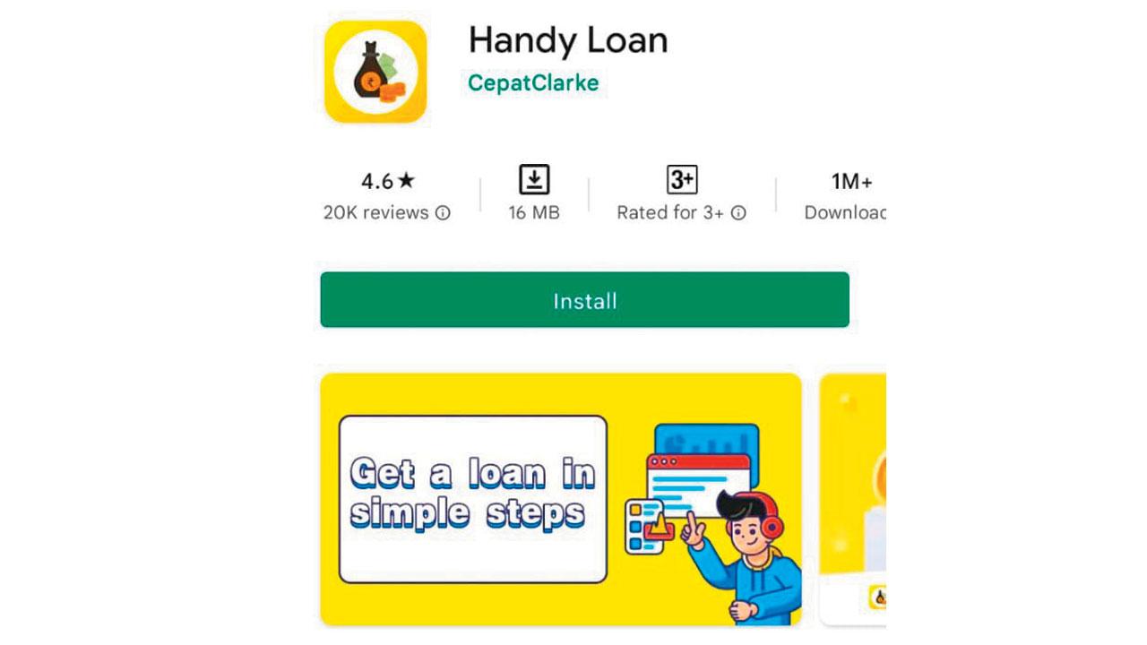 A screenshot of the Handy Loan app on Play Store. Its Gujarat address was found to be fake