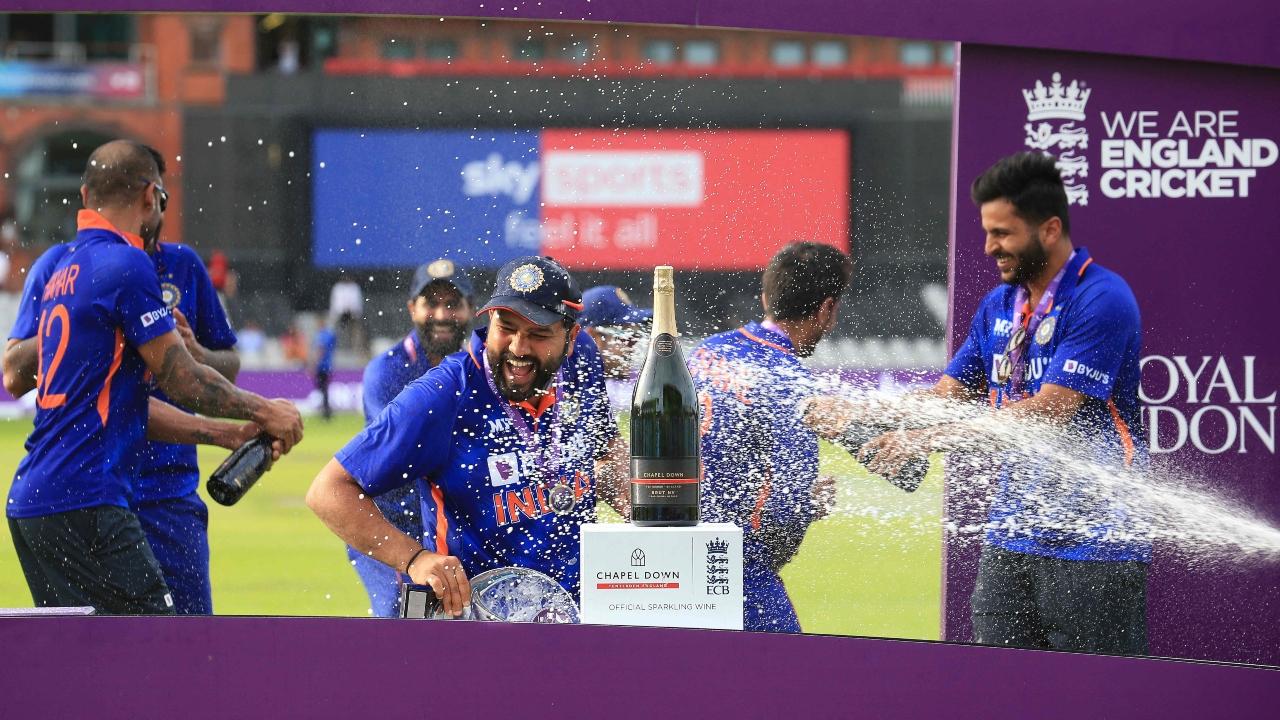 The champagne showers begin shortly thereafter with skipper Rohit Sharma getting soaked in the celebrations