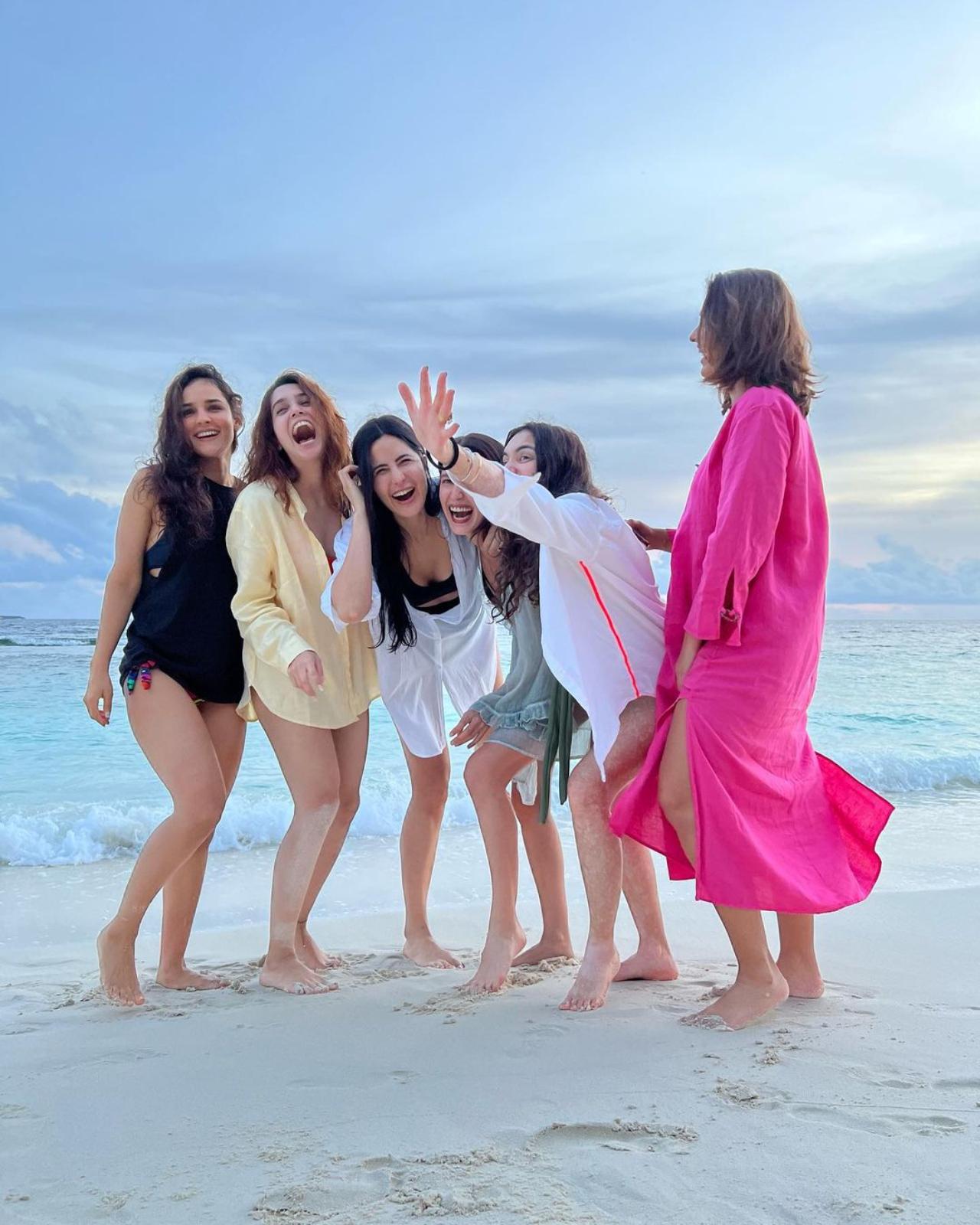 If the pictures are to go by, Katrina sure had a blast with her girl gang which included Isabelle Kaif, Sharvari Wagh, Angira Dhar, and Ileana D'Cruz. The girls posed happily in their beach wear in the background of a pristine beach