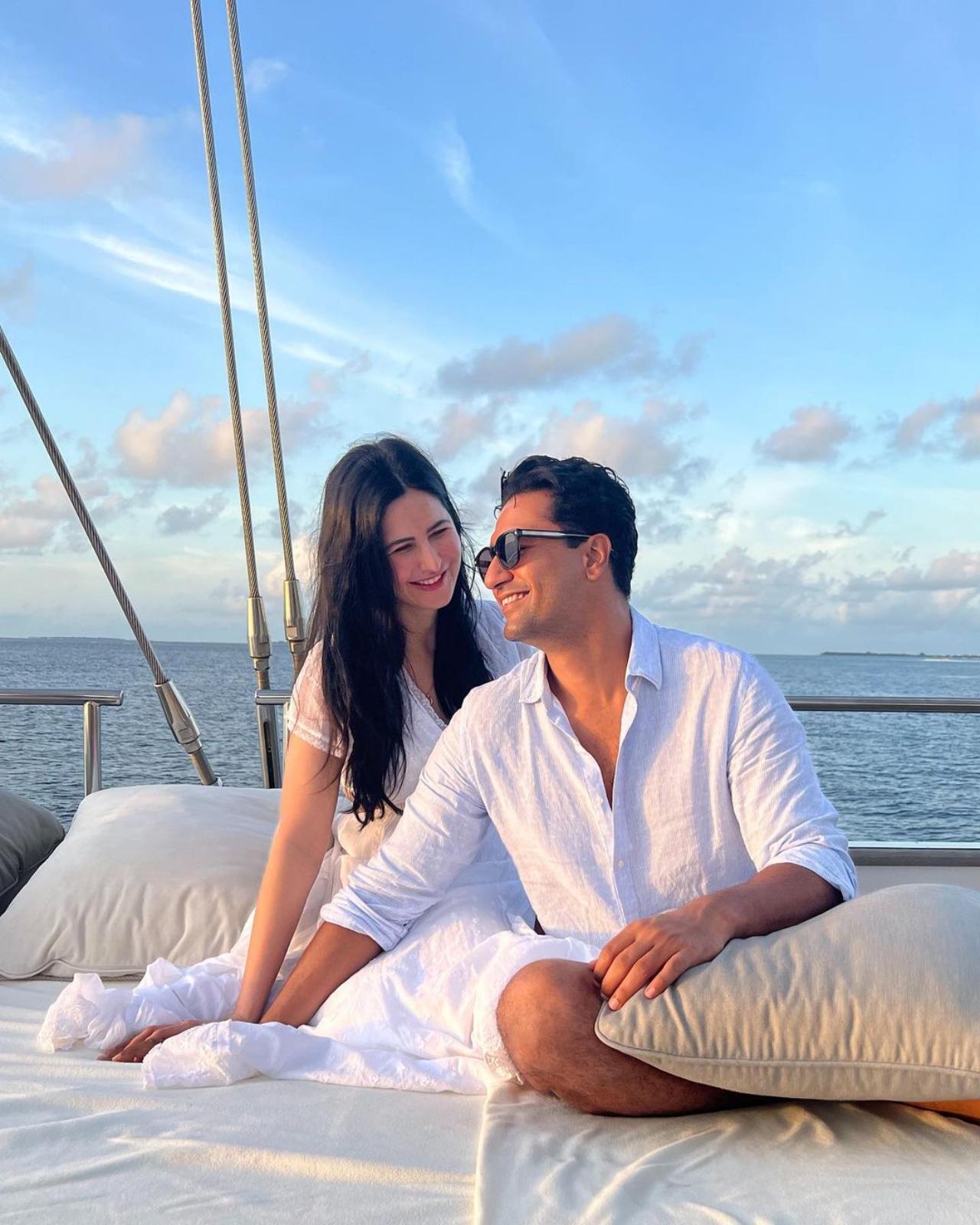 Two days after the birthday, Vicky shared a romantic picture with Katrina. The couple is seen sitting on a yacht dressed in white.