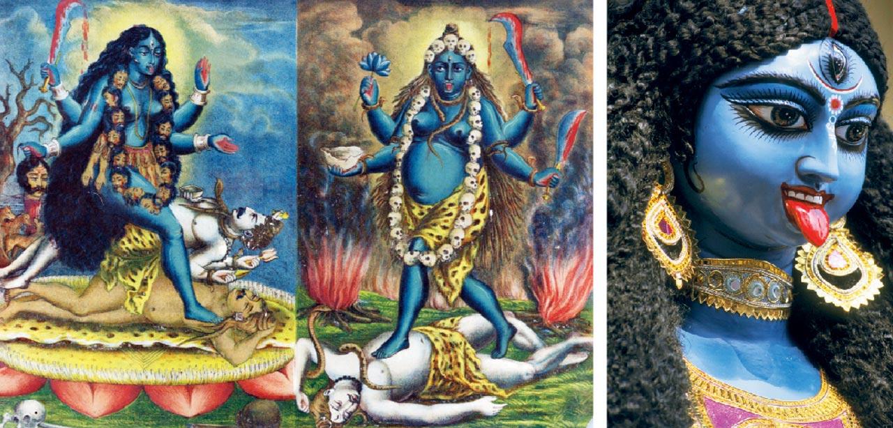 An artistic impression of Kaali dating back to 1885-90, and a modern interpretation of the goddess as seen in Kolkata’s pandals. Theologists say that somewhere in the 17th century, she lost her blood shot eyes, belly, and developed a gentler face and body, rehabilitated into the mainstream. Pics/Getty Images