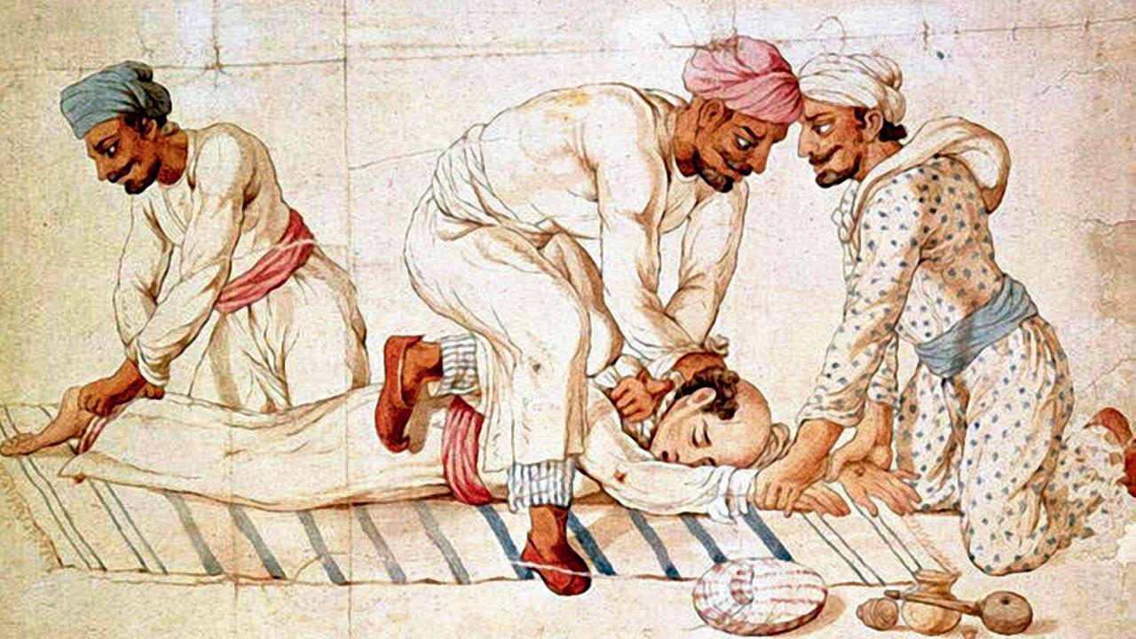 Thugs in the act of strangling a traveller, as depicted by Frances Eden in 1838. These were believed to be members of a sect of servitors of Kaali. The British are said to have come down heavily on this sect. Pic/Getty Images
