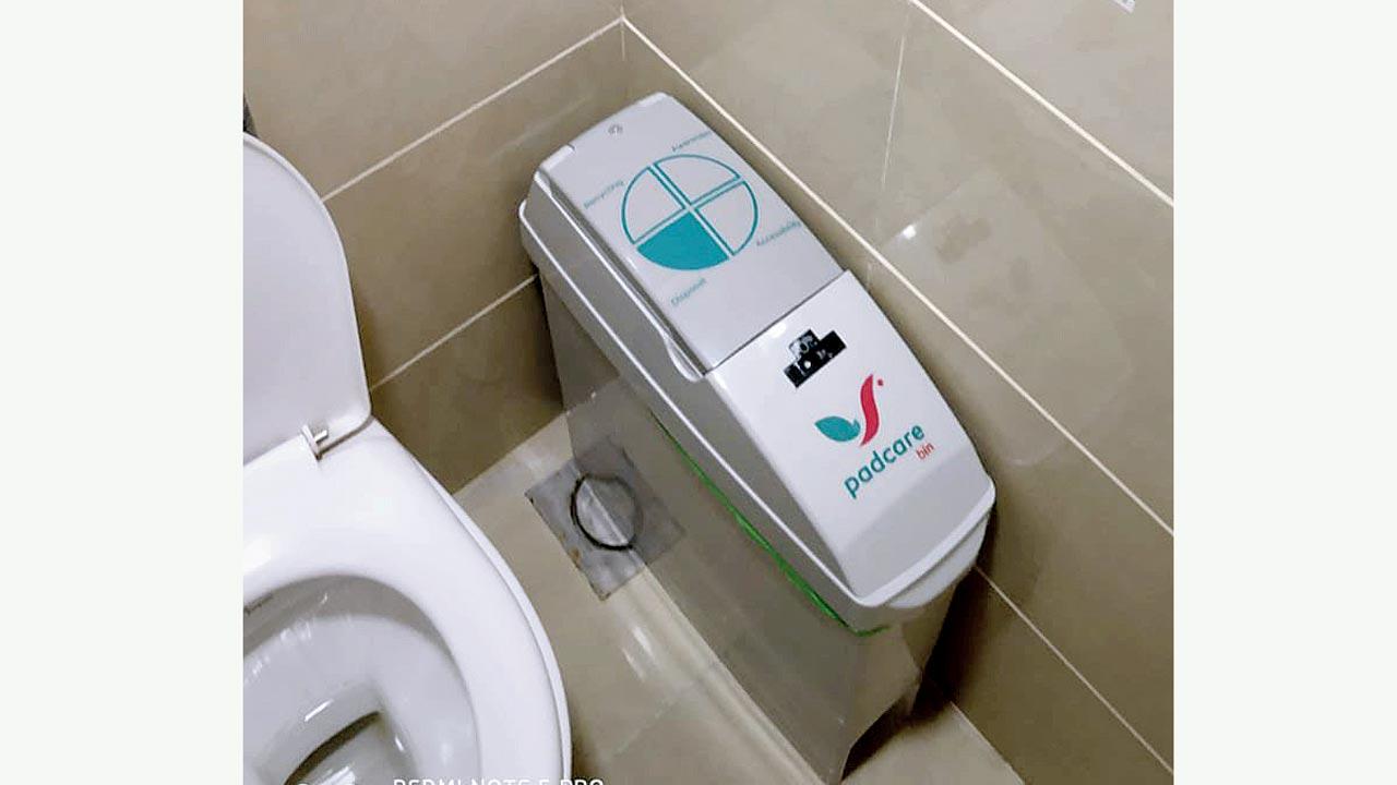 The PadCare bin designed by Pune-based PadCare Labs can store 75 pads for up to four weeks without any bacterial contamination or odour in the washroom. The pads are brought to a nearby PadCare facility and processed to make them fit  for recycling