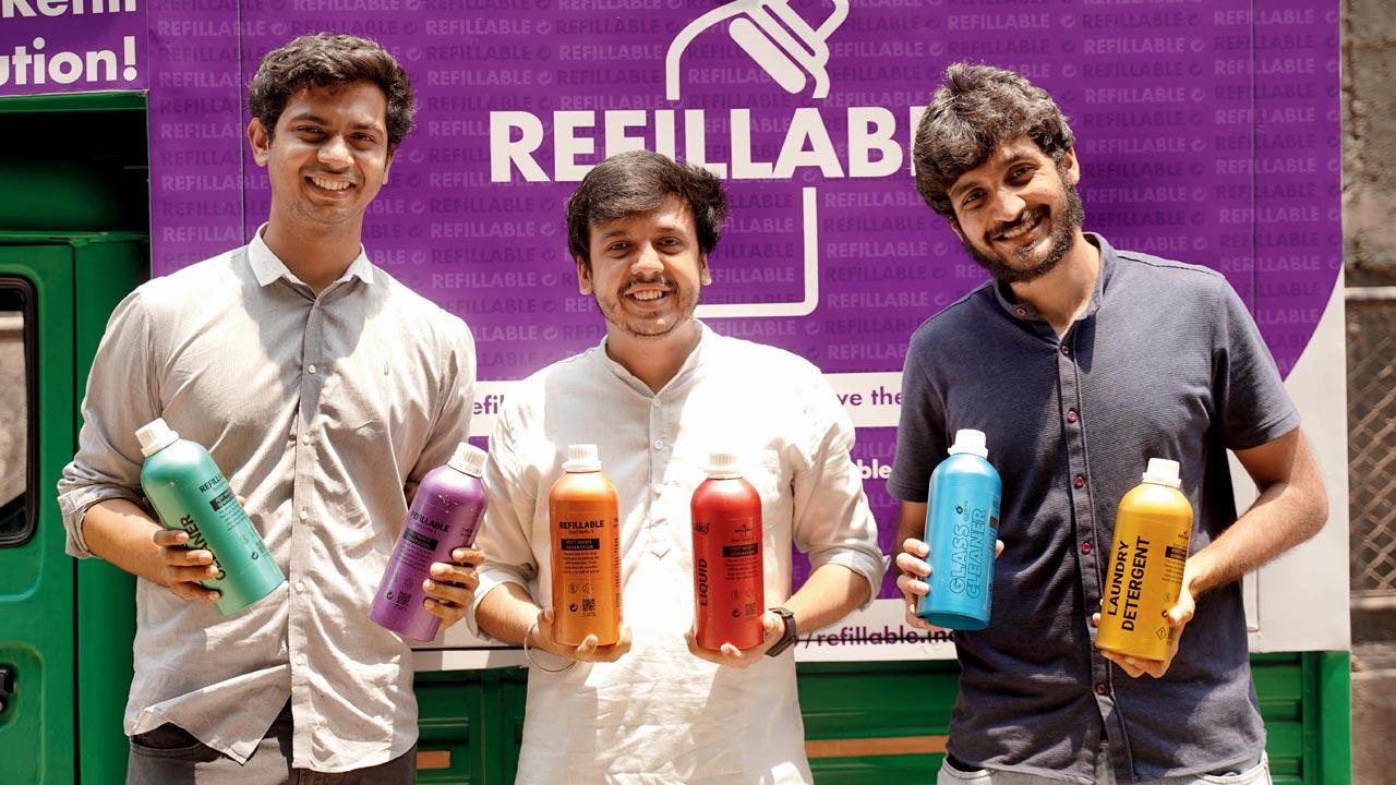 (From left) Purav Desai, Rahul Batra, and Lokesh Sambhwani, founders of Refillable, a zero-waste refill service, which creates smart packaging and refill systems to eradicate waste at source for brands and consumers