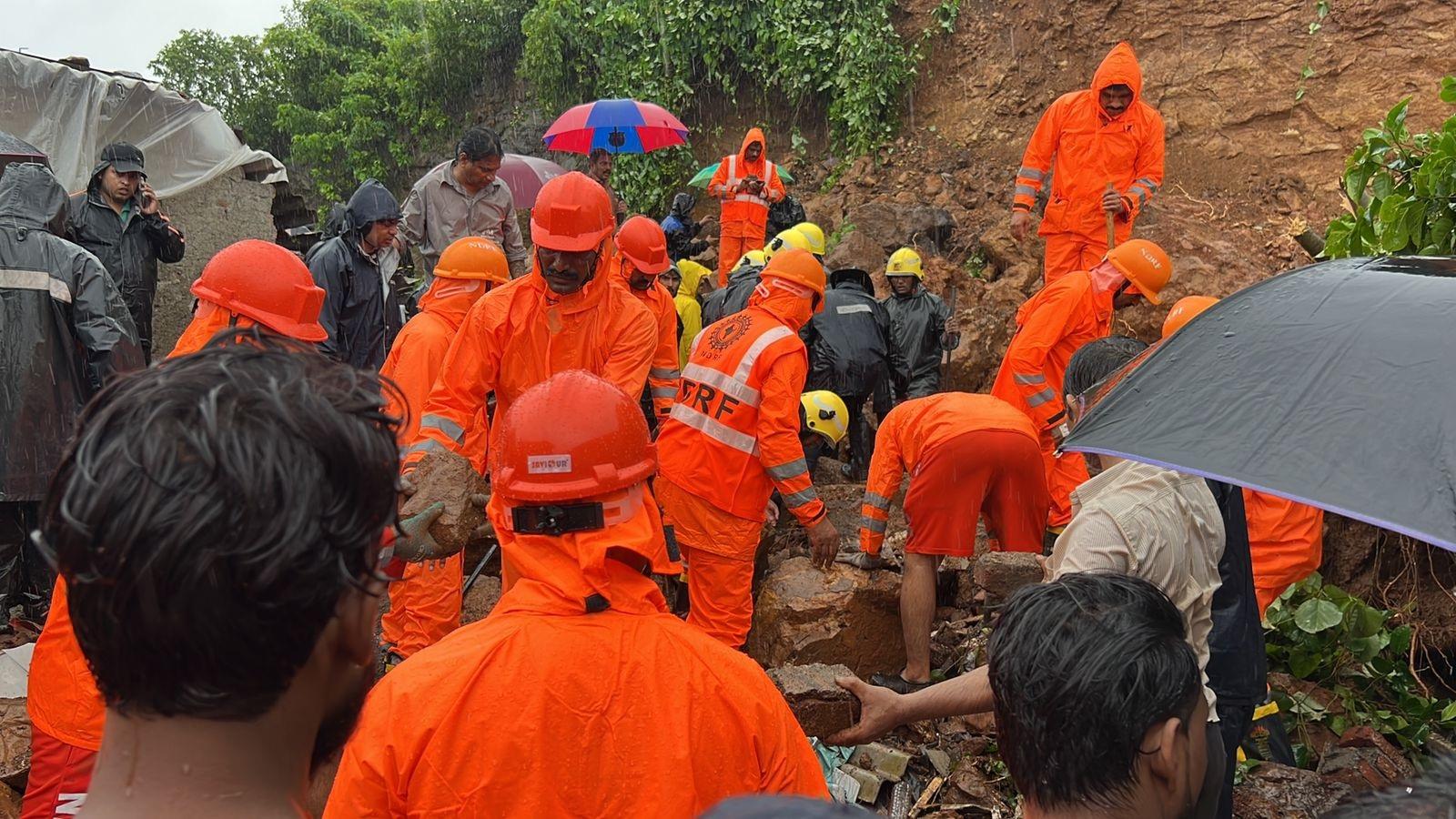 NDRF personnel carry out rescue and relief work after a landslide triggered by heavy rains in Vasai. Pic/Hanif Patel