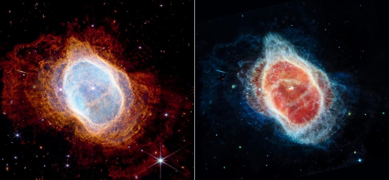 (Left) Two cameras aboard Webb captured the latest image of this planetary nebula, catalogued as NGC 3132, and known informally as the Southern Ring Nebula. It is approximately 2,500 light years away. Pic/NASA, ESA, CSA, and STSCI 