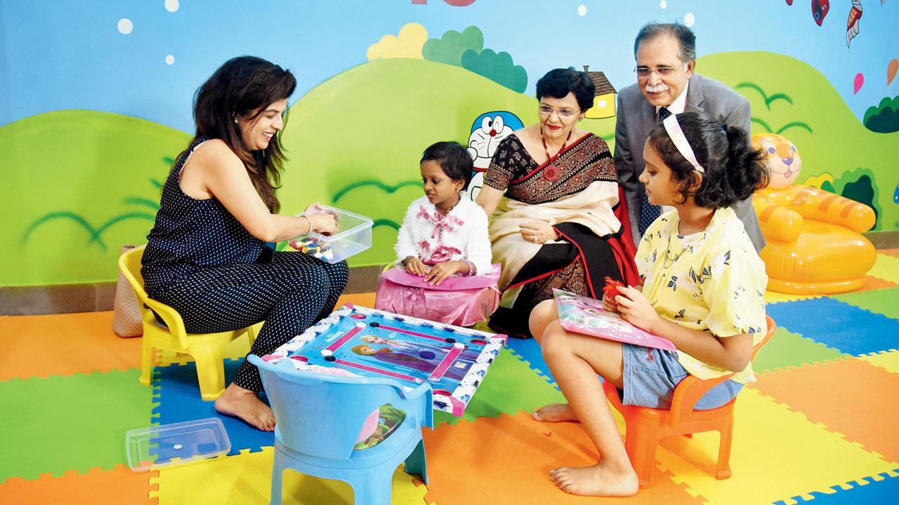 Psychiatrist Dr Anjali Chhabria (left), Dr Sangeeta Ravat, Dean of KEM Hospital, and Dr Sunil Keswani, medical director, NBC, at the play area