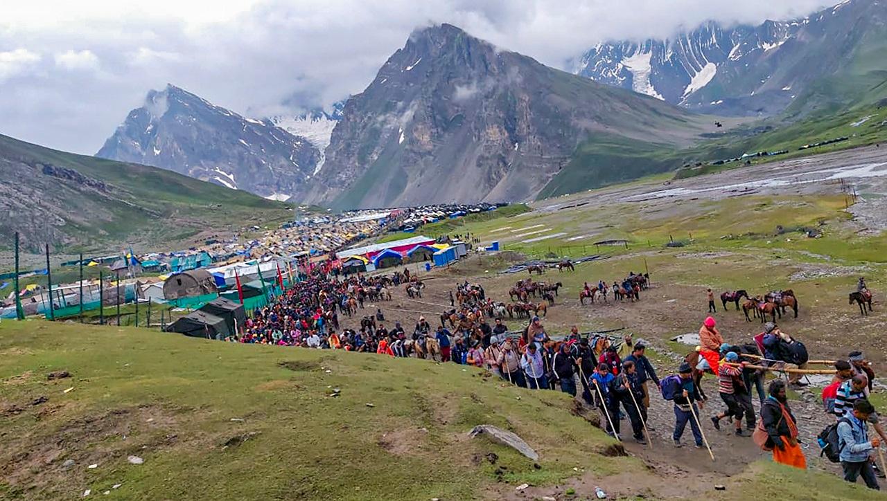 The cave shrine is located at an altitude of 3,880 metre in south Kashmir. Jammu and Kashmir Lieutenant Governor Manoj Sinha is the chairman of Shri Amarnathji Shrine Board (SASB) which manages the annual yatra. Pic/PTI