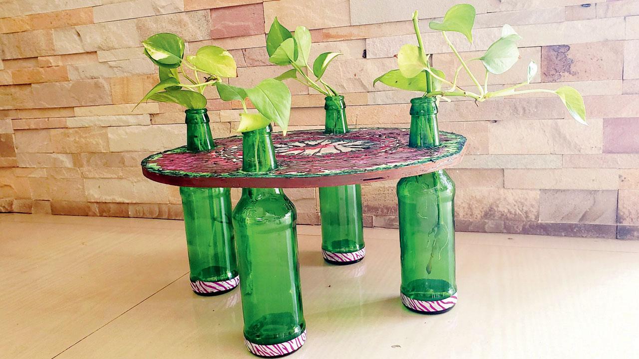 Table made from upcycled bottles and wood