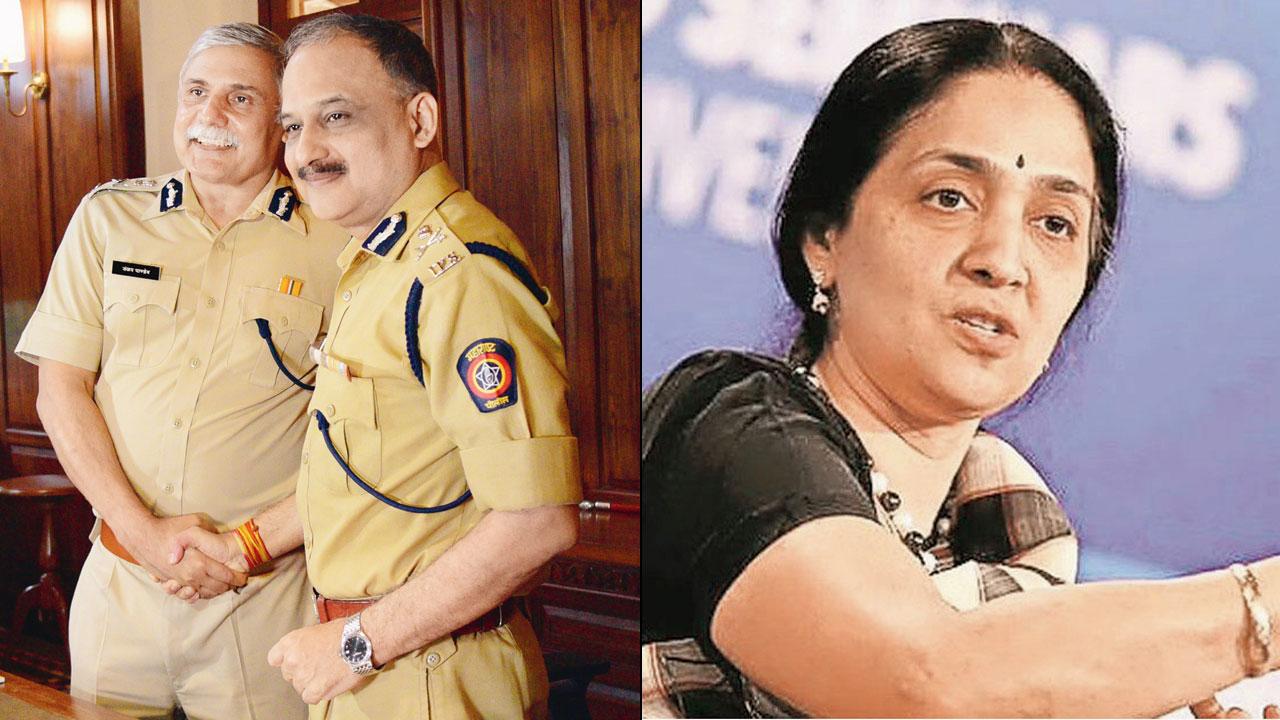 Sanjay Pandey (left) hands over charge to Vivek Phansalkar as the city’s police chief, on June 30. Pic/Pradeep Dhivar (right) Chitra Ramakrishna, former CEO of NSE and also an accused in this case