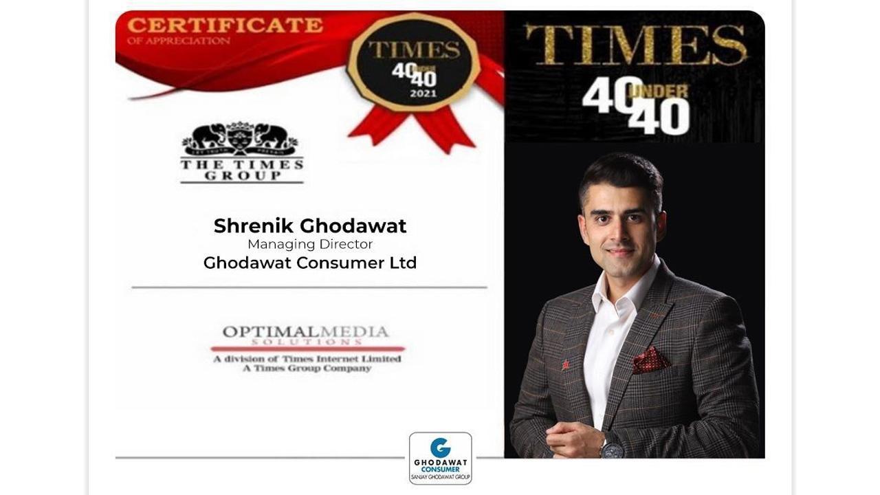 Shrenik Ghodawat conferred with Times 40 Under 40 award
