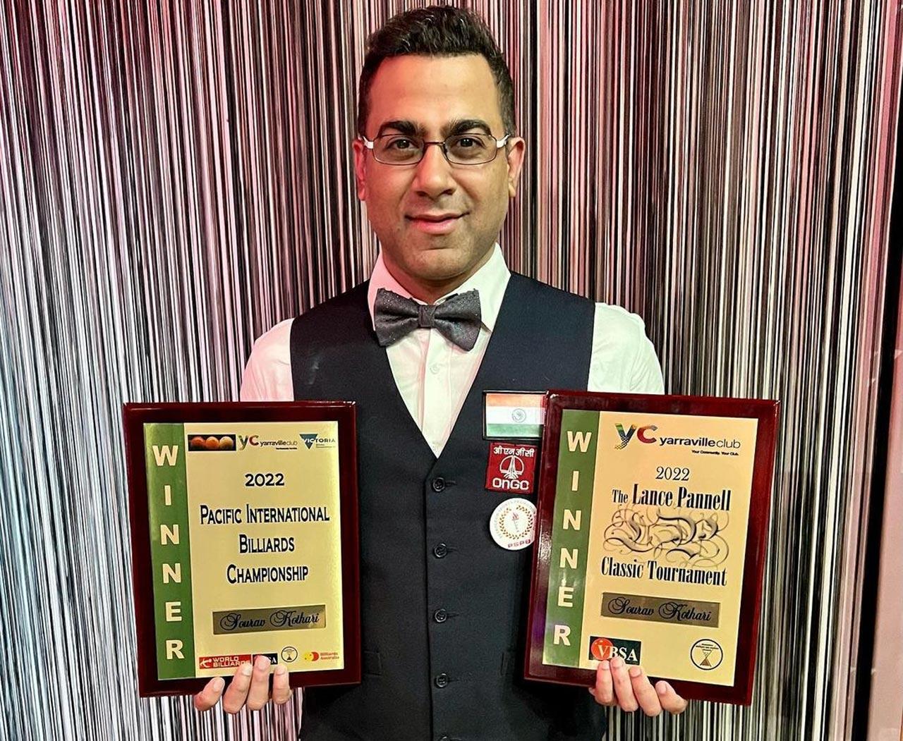 Sourav Kothari with the Billiards and Snooker titles he won at the Pacific International Championship in Melbourne.  Pic/Instagram