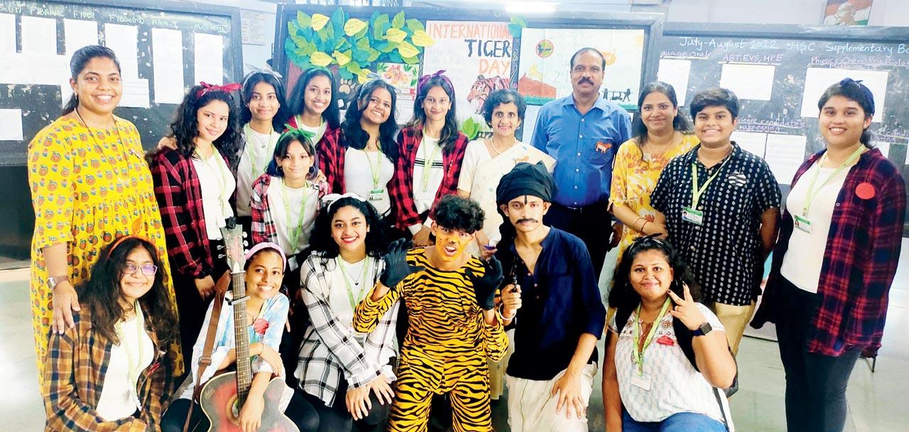 Students of St Andrew’s pose in a group after their skit on International Tiger Day