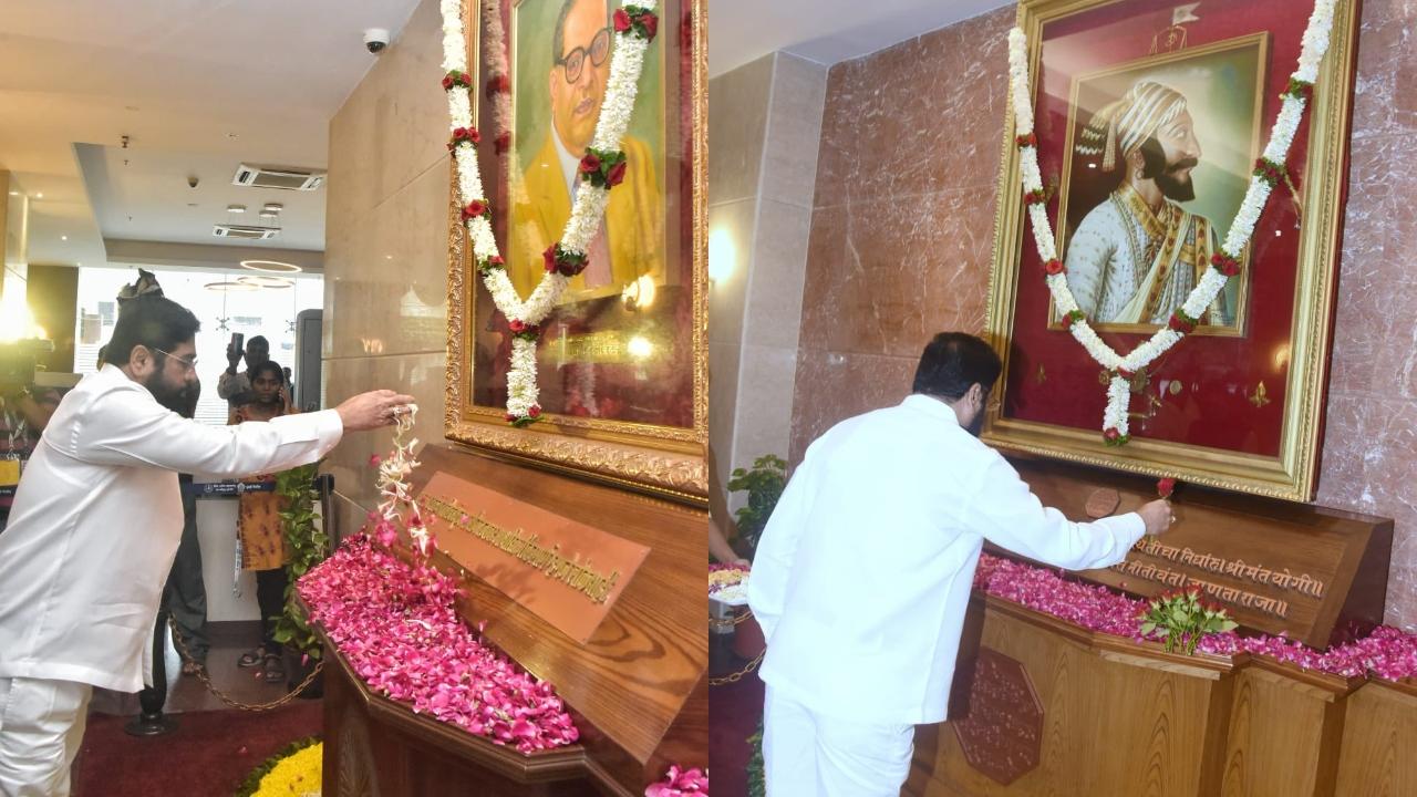 As soon as he entered the secretariat building, Shinde paid floral tributes to Maratha warrior king Chhatrapati Shivaji Maharaj and Dr B R Ambedkar
 
