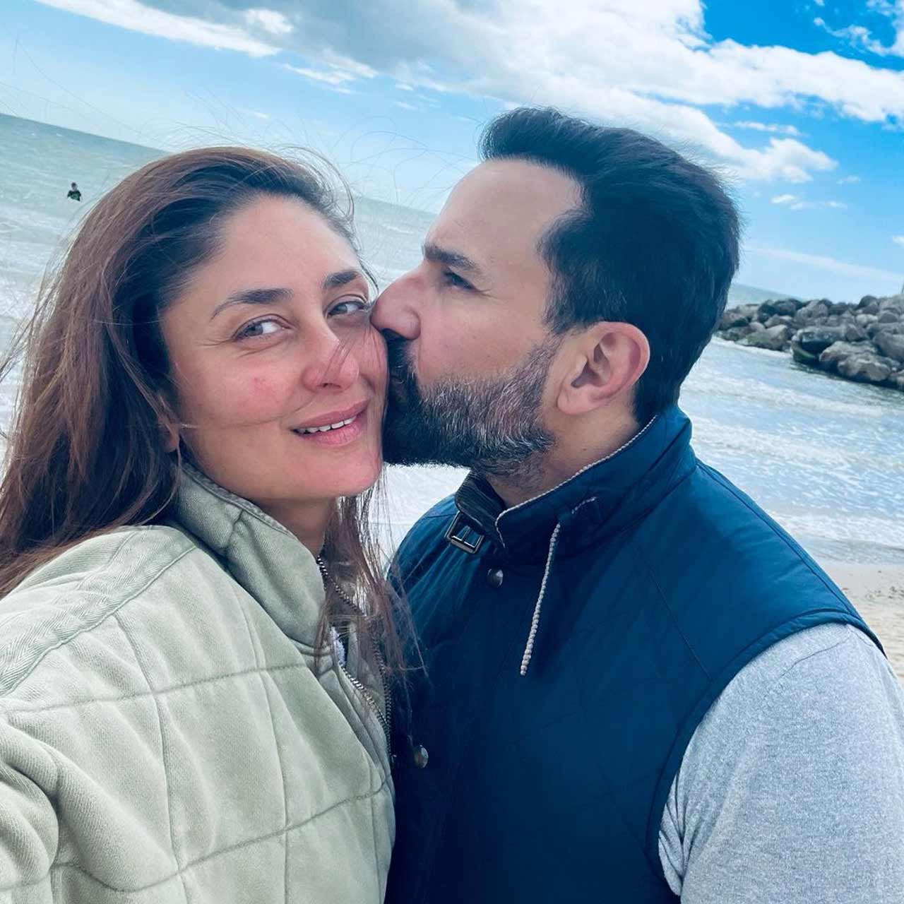 Kareena donned a grey blazer and wore no makeup for their outing. Saif Ali Khan dressed down a grey full-sleeve T-shirt with a blue half jacket. Kareena grinned for the selfie in the first photo, keeping her face close to Saif. In this shot, Saif kissed his wife on the cheek