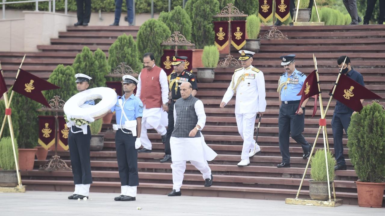 Rajnath Singh said the act of valour by the armed forces will forever be etched in India's history. Pic/PTI