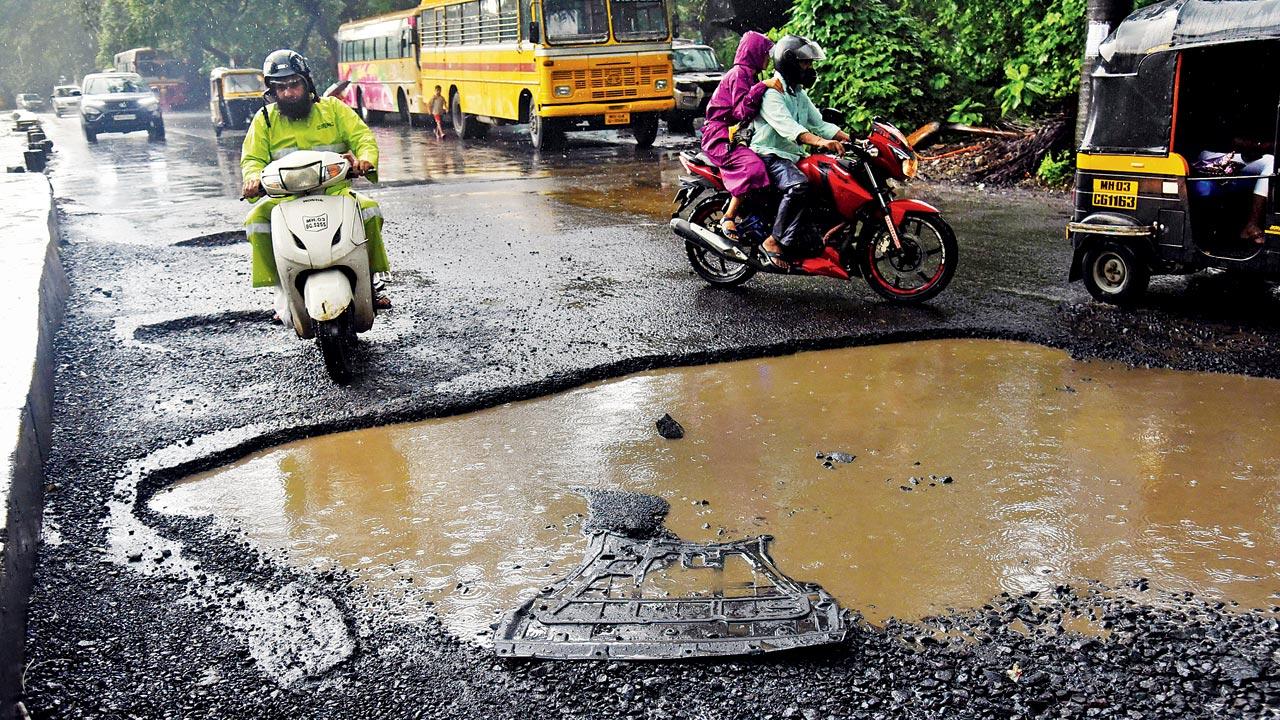 A crater-sized pothole along the Powai-Goregaon Aarey Road