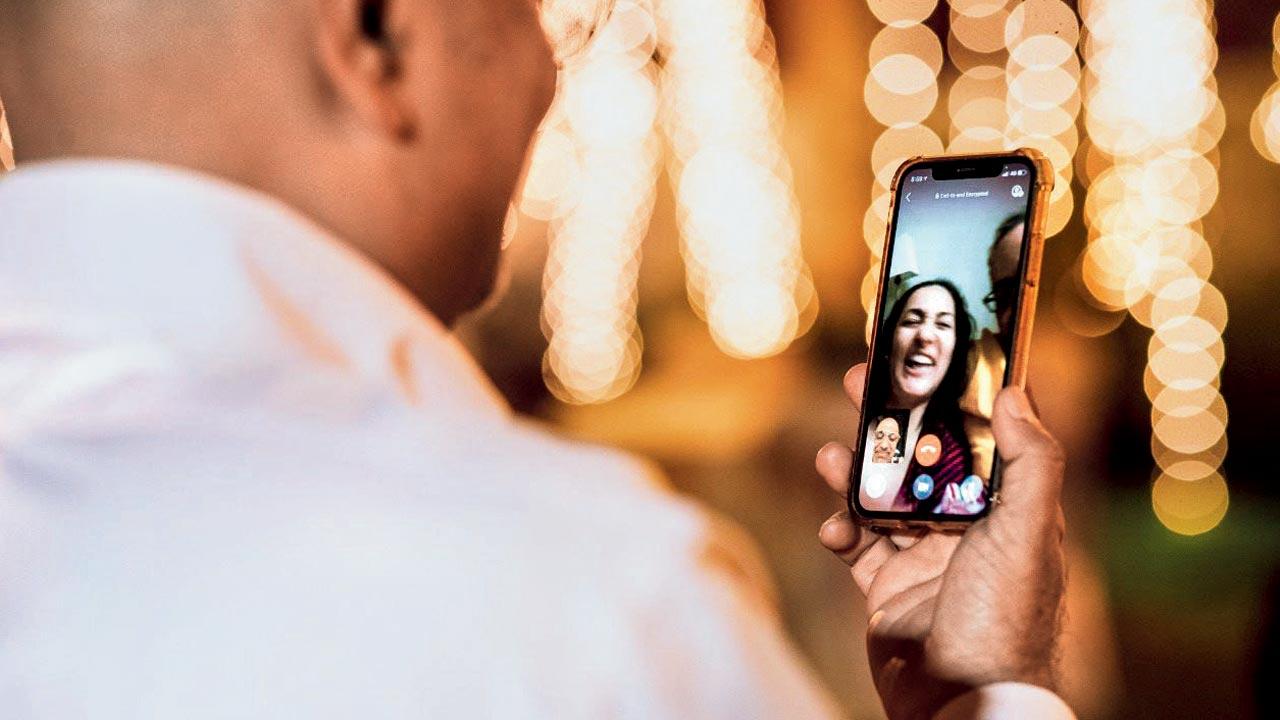 A guest at Aditi Thakore’s wedding on a video call with an invitee who couldn’t attend the celebration due to  the pandemic