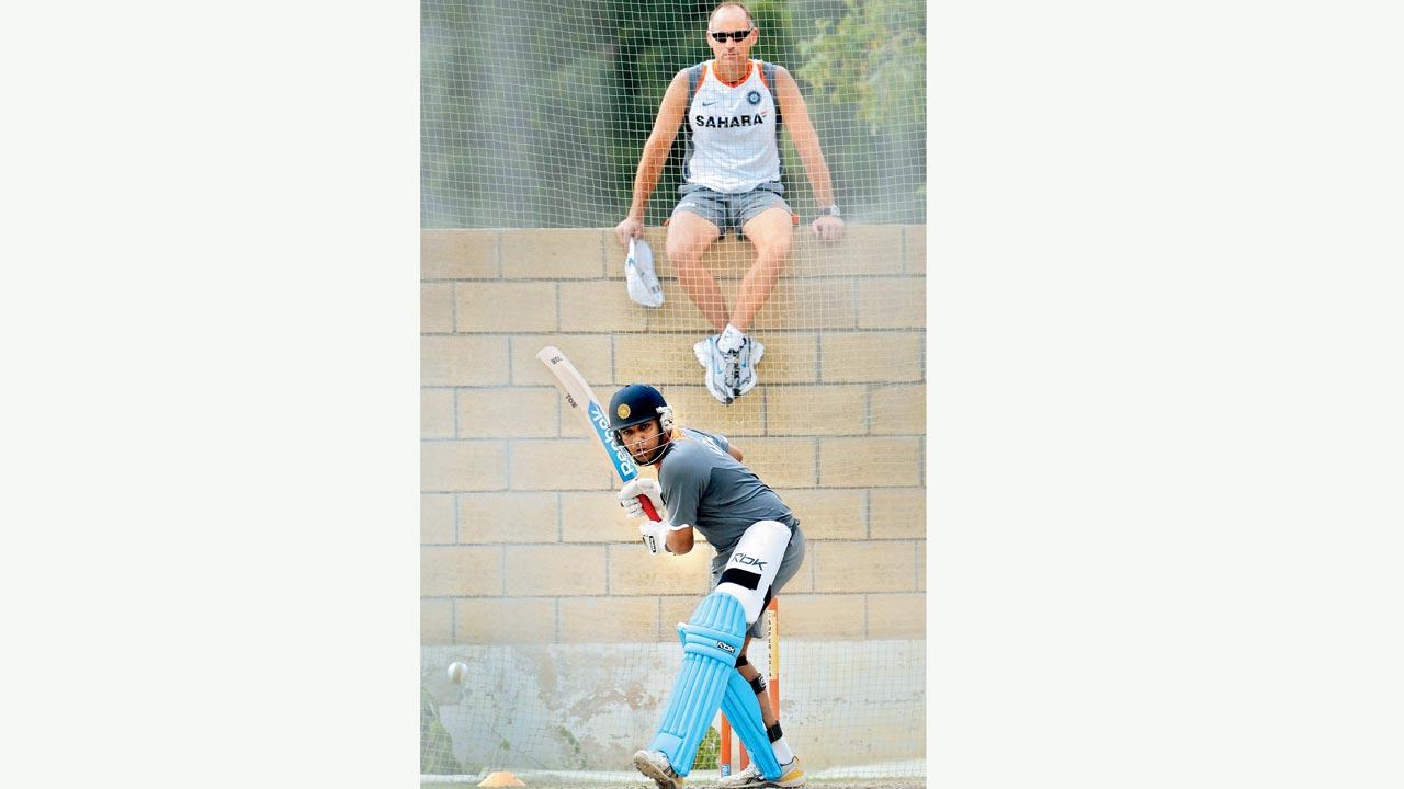 India’s mental conditioning coach Paddy Upton watches Rohit Sharma practise during a net session at Karachi in 2008. Pic/Getty Images