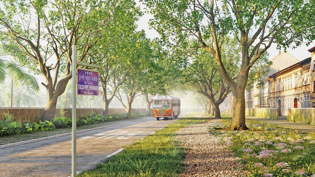 A speculative vision of Ajit Bhattacharjea’s Car-Free Bombay of 1973 from Bombay Imagined. Erstwhile streets like Tulsi Pipe Road were to be transformed into parks, with only one lane for buses. Pic courtesy/GRAU Visuals