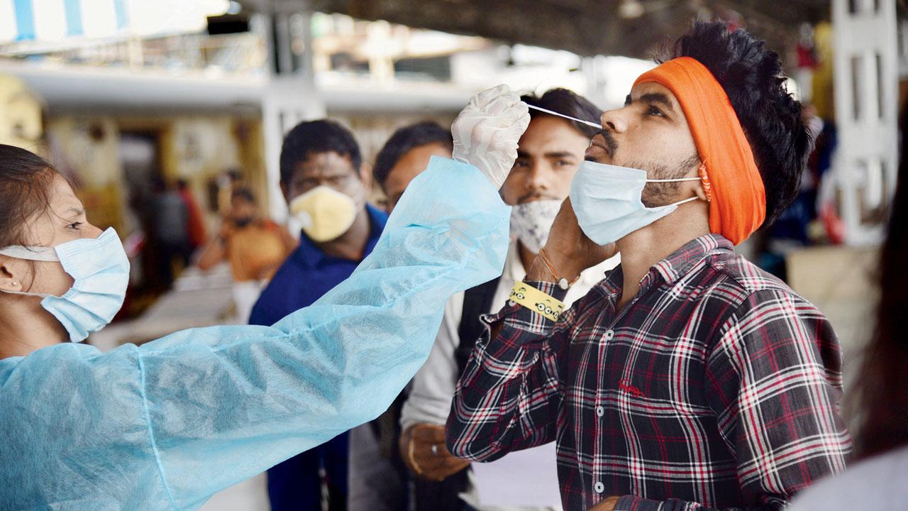 A health worker collects a swab sample at LTT, Kurla. File pic