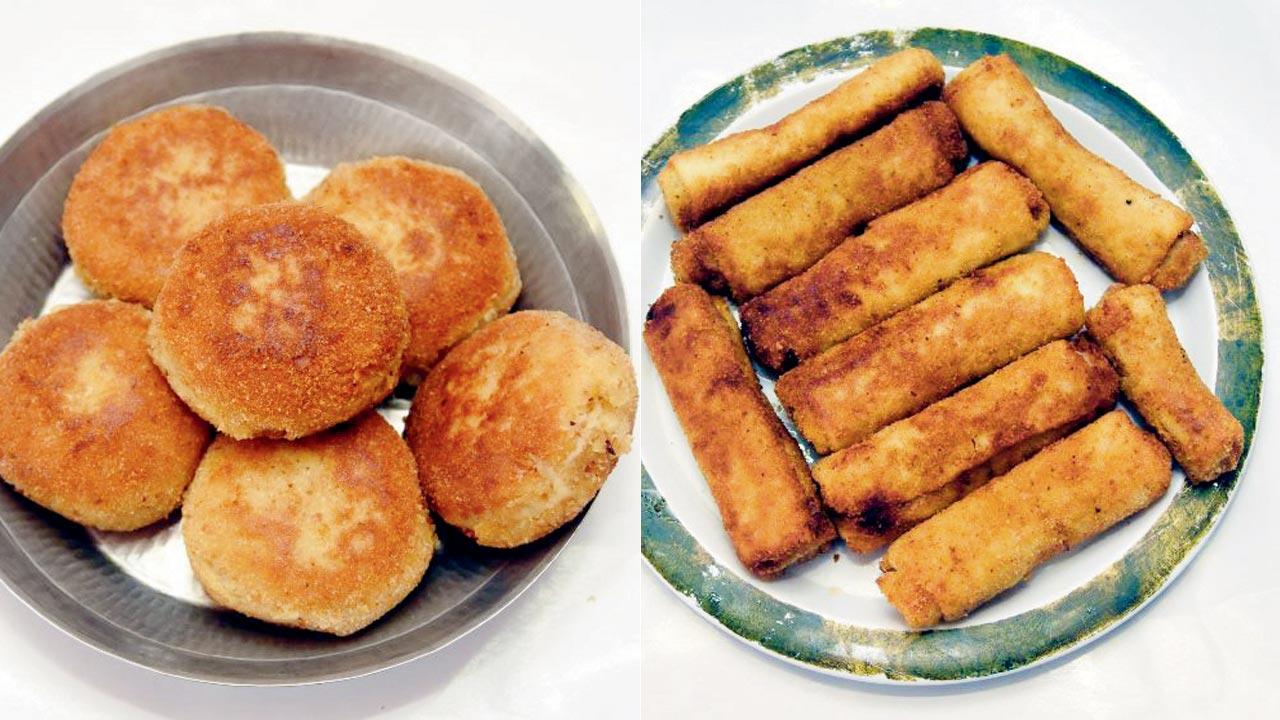 Potato chops; (right) Pan rolls