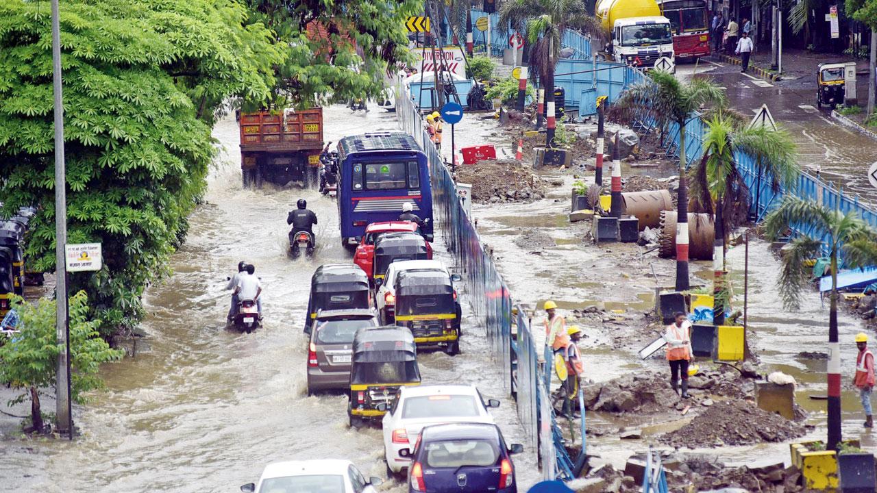 A flooded Vikhroli Jogeshwari Link Road junction. File pics