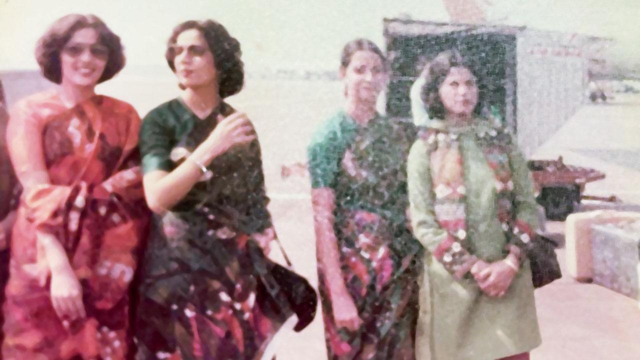 A sketch of Rita Dumra (second from a left) and organisation during London’s Heathrow Airport in 1976 in front of Air India’s Boeing 747